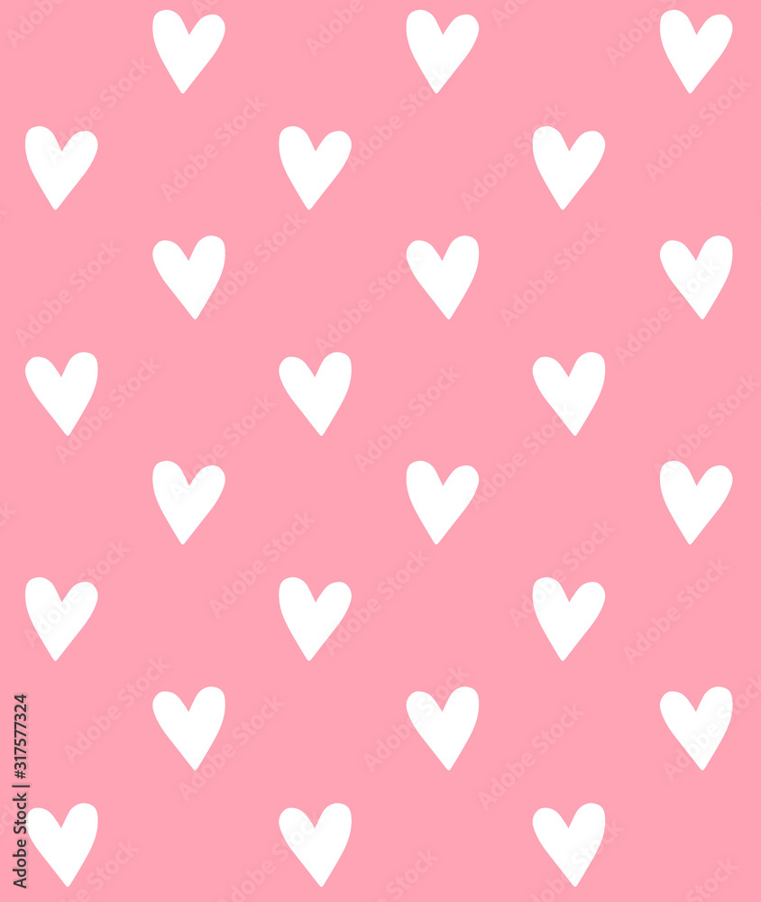 Vector seamless pattern of white hand drawn doodle sketch hearts isolated on pastel pink background