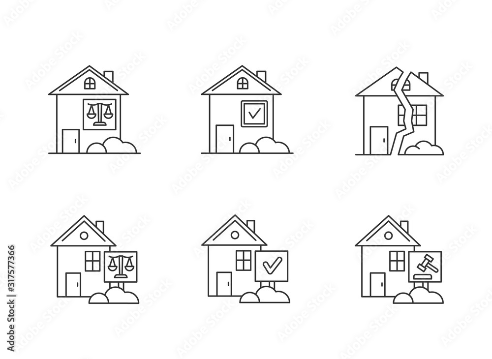 Real estate matters pixel perfect linear icons set. Tenancy legal dispute. Property litigation, trial. Customizable thin line contour symbols. Isolated vector outline illustrations. Editable stroke