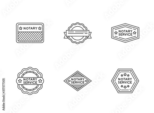 Notary service stamps pixel perfect linear icons set. Validation. Approval, confirmation. Notarization. Customizable thin line contour symbols. Isolated vector outline illustrations. Editable stroke