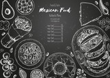 Mexican food top view frame. A set of mexican dishes with burritos, quesadillas, fajitas. Food menu design template. Vintage hand drawn sketch vector illustration. Mexican cuisine engraved image.