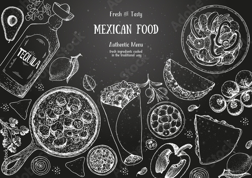 Mexican food top view frame. A set of mexican dishes with burritos, quesadillas, fajitas. Food menu design template. Vintage hand drawn sketch vector illustration. Mexican cuisine engraved image.