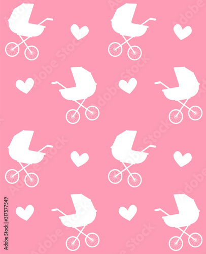 Vector seamless pattern of flat cartoon white baby pram silhouette and hearts isolated on pink background
