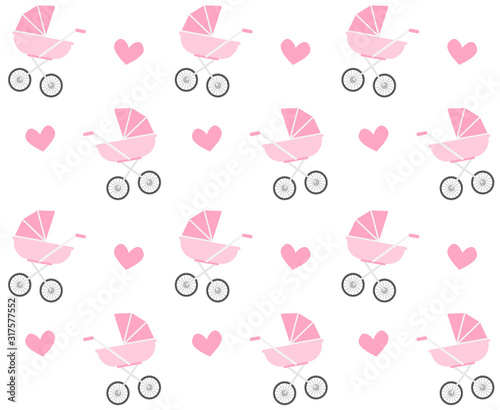 Vector seamless pattern of flat cartoon pink baby pram and hearts isolated on white background