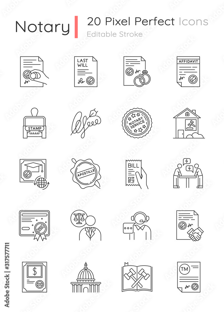 Notary services pixel perfect linear icons set. Apostille and legalization. Legal documents. Stamps. Customizable thin line contour symbols. Isolated vector outline illustrations. Editable stroke Notary services pixel perfect linear icons set. Apostille and legalization. Legal documents. Stamps. Customizable thin line contour symbols. Isolated vector outline illustrations. Editable stroke