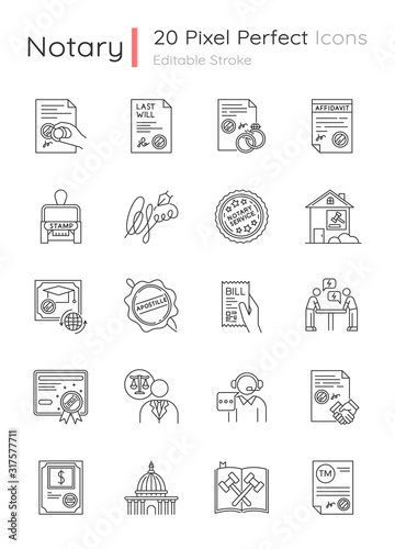 Notary services pixel perfect linear icons set. Apostille and legalization. Legal documents. Stamps. Customizable thin line contour symbols. Isolated vector outline illustrations. Editable stroke