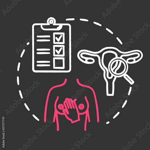 Oncology screening chalk RGB color chalk RGB color concept icon. Breast and cervical cancer prevention. Female diseases. Women health idea. Vector isolated chalkboard illustration on black background