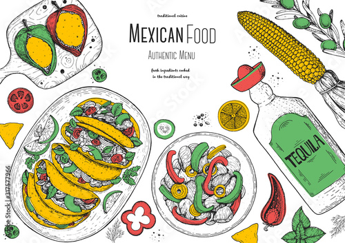 Mexican food top view frame. A set of classic mexican dishes with tacos, fajita, poblano. Food menu design template. Vintage hand drawn sketch vector illustration. Mexican cuisine engraved image.