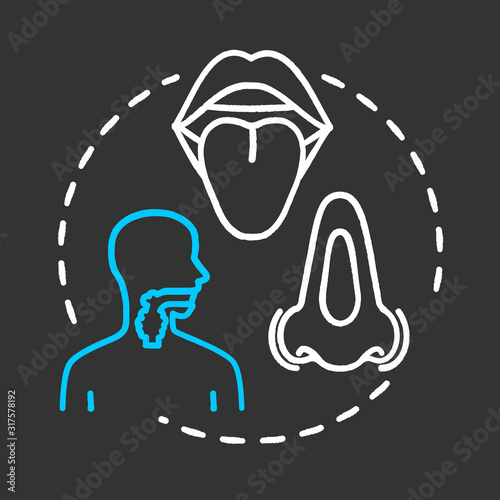 Head and neck oncology chalk RGB color chalk RGB color concept icon. ENT disorder. Diseases of ears, nose, throat. Otorhinolaryngology idea. Vector isolated chalkboard illustration on black background