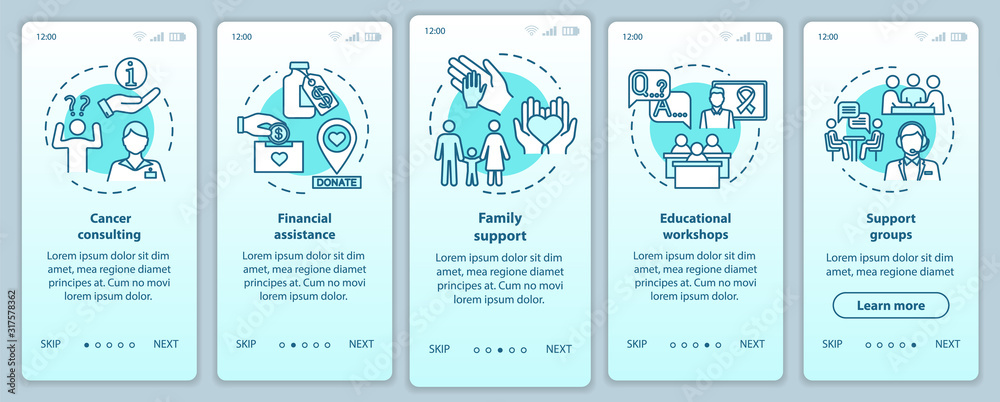 Oncology help onboarding mobile app page screen with concepts. Illness treatment walkthrough five steps graphic instructions. Family support. UI vector template with RGB color illustrations