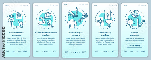 Oncology onboarding mobile app page screen with concepts. Cancer treatment walkthrough five steps graphic instructions. Genitourinary oncology. UI vector template with RGB color illustrations