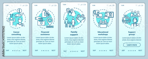 Oncology help onboarding mobile app page screen with concepts. Illness treatment walkthrough five steps graphic instructions. Family support. UI vector template with RGB color illustrations