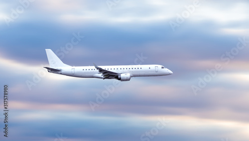 Executive jet with blue sky in the background, with copy space aside.