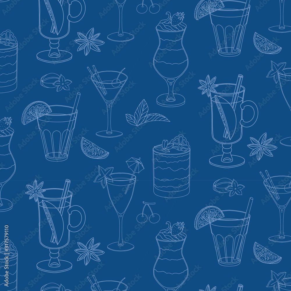 Colored seamless vector pattern with cocktails and ice cream. Monochrome pattern of the elements with a stroke on a blue