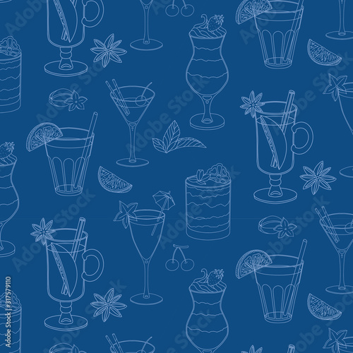 Colored seamless vector pattern with cocktails and ice cream. Monochrome pattern of the elements with a stroke on a blue