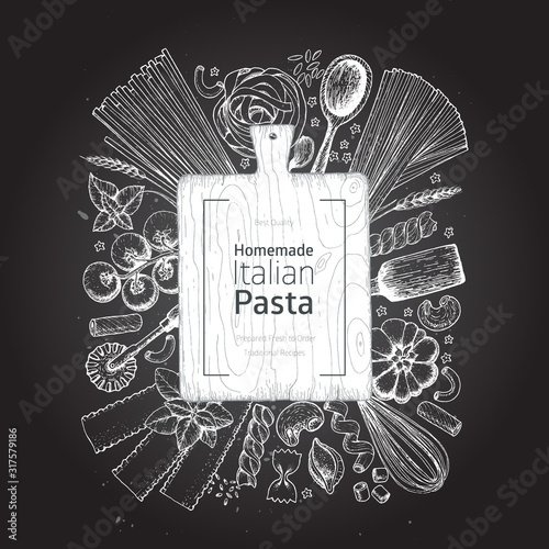 Italian pasta label. Hand drawn vector illustration. Collection of pasta different types. Italian food design template. Engraved sketch style. Logo for italian restaurant.