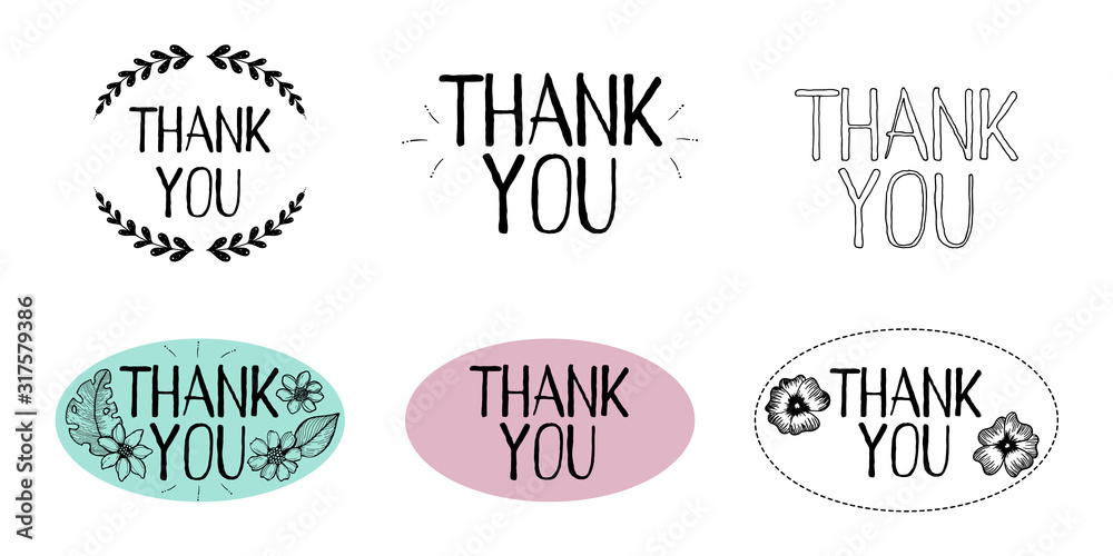 Fototapeta premium Set of illustrations with the words Thank you. Several vector sticker templates isolated on white background.