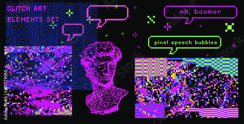 Set of pixelated speech bubbles like in 8-bit arcade game and glitch art elements. Retrowave and vaporwave style design elements.