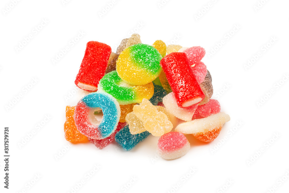 Assorted gummy candies. Top view. Jelly sweets. Isolated on white. Assorted gummy candies. Top view. Jelly sweets. Isolated on white.