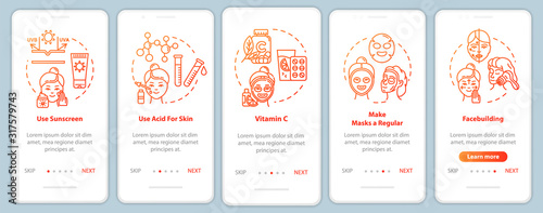 Skicare onboarding mobile app page screen with concepts. Facebuilding, regular facial masks. Cosmetology walkthrough 5 steps graphic instructions. UI vector template with RGB color illustrations