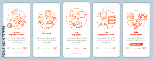 Skicare onboarding mobile app page screen with concepts. Cosmetic products. Cosmetology and beauty walkthrough 5 steps graphic instructions. UI vector template with RGB color illustrations