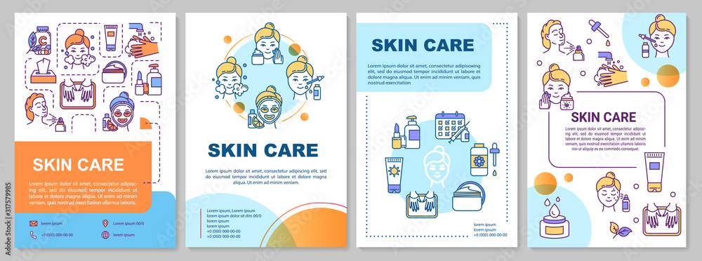 Skin care, home and professional procedures brochure template. Flyer, booklet, leaflet print, cover design with linear icons. Vector layouts for magazines, annual reports, advertising posters