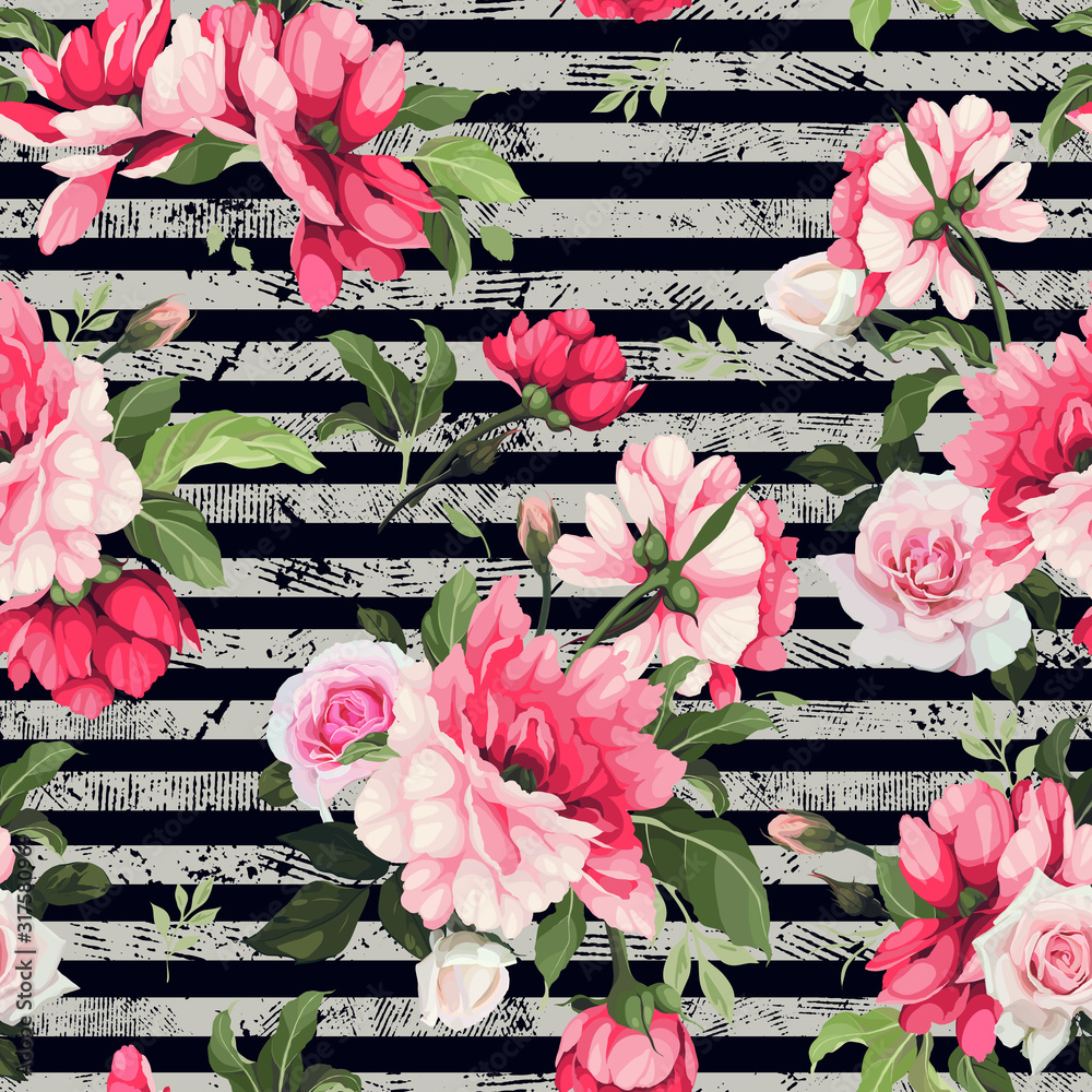 Fototapeta Seamless floral pattern with flowers, watercolor. Vector illustration.