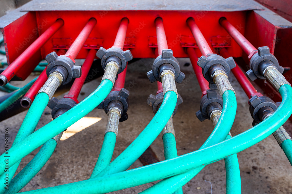 Hydraulic pressure pipes system of construction machinery. Close up