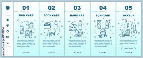 Skincare onboarding vector template. Body and hair care. Suncare, makeup. Cosmetic products. Responsive mobile website with icons. Webpage walkthrough step screens. RGB color concept