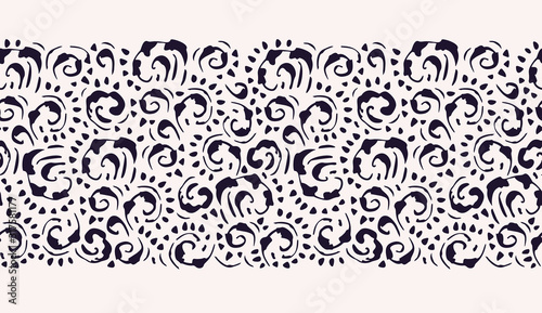 Hand-Drawn Black and White Vintage Swirls Vector Seamless Horizontal Pattern Border. Elegant Classic Background Print