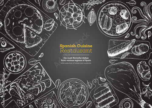 Spanish cuisine top view frame. A set of spanish dishes with tortilla, hamon, tapas, fabada, patatas bravas . Food menu design template. Vintage hand drawn sketch vector illustration. Engraved image