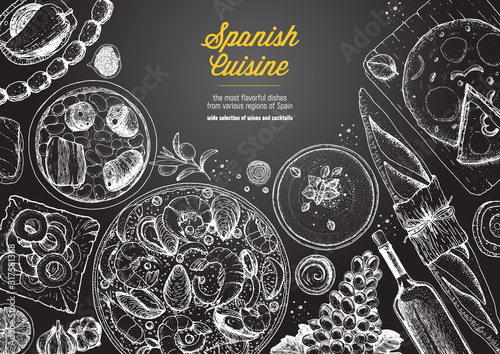 Spanish cuisine top view frame. A set of spanish dishes with paella, gazpacho, tortilla, tapas, sausages, snack. Food menu design template. Vintage hand drawn sketch vector illustration.Engraved image