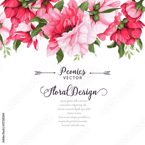 Greeting card with peonies, watercolor, can be used as invitation card for wedding, birthday and other holiday and summer background. Vector illustration.