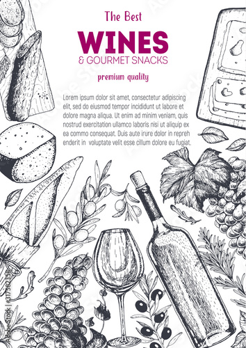 Wines and gourmet snacks frame vector illustration. Cheese, sausages, bread, grape hand drawn. Gourmet food set.