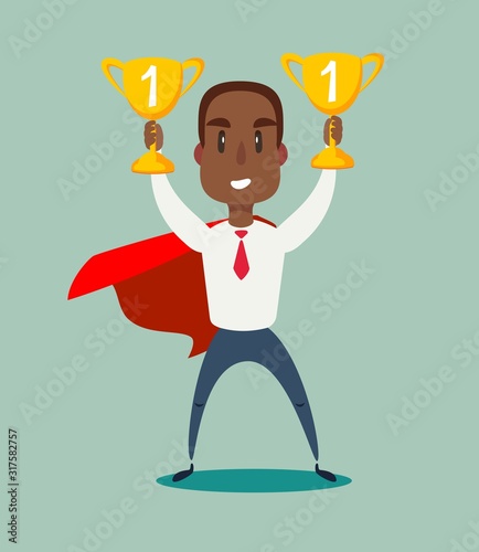 Businessman in a red cloak holding winner cup. Superhero of business. Vector flat design illustration.