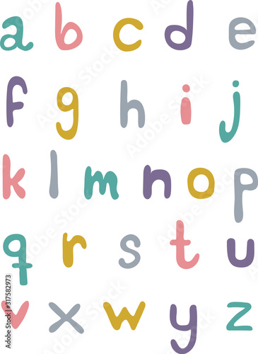 Cute hand lettering alphabeth set in pastel colors on a white background.