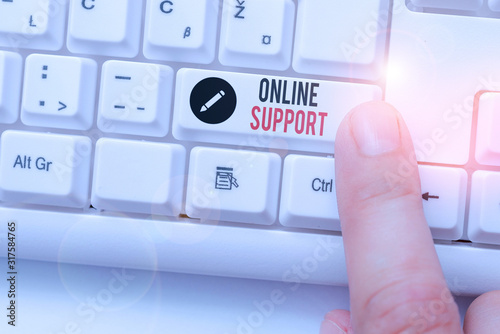 Writing note showing Online Support. Business concept for electronic usually webbased version of customer service photo