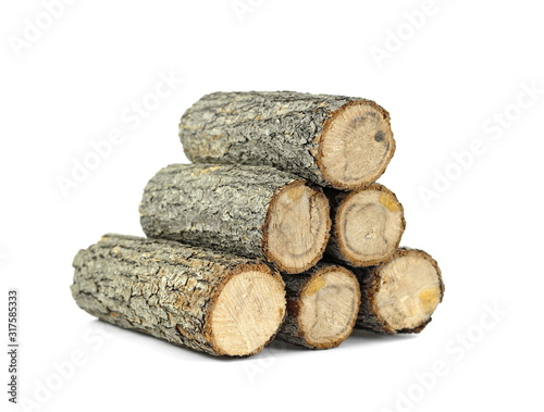 Firewood isolated on white. Oak Log Isolated on a white. Log fire wood isolated on white background with clipping path. Wooden obsolete log.