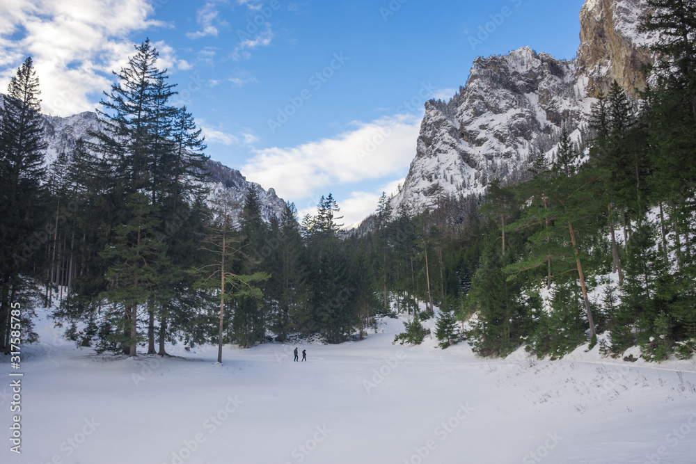Winter landscape with mountain and trees near Green lake (Gruner see) in sunny day. Famous tourist destination for walking and trekking in Styria region, Austria