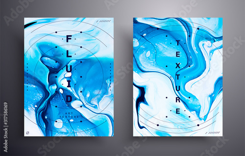 Blue and white marbling acrylic paint background. Contemporary fluid art illustration. Aquarelle colors mixing effect abstract backdrop. Watercolor dynamic creative texture close up