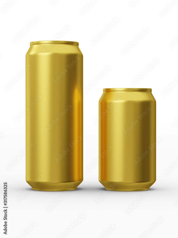 Golden cans for beverages. Can 500ml and 330ml. 3d illustration Golden cans for beverages. Can 500ml and 330ml. 3d illustration