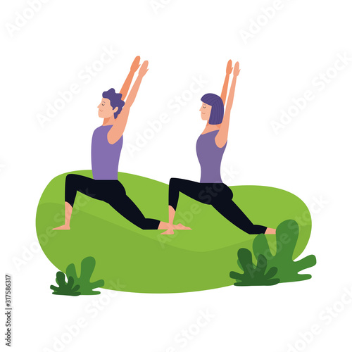 couple practicing yoga outdoors, colorful design
