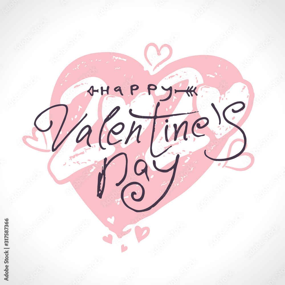 Happy Valentine's Day modern calligraphy.Big drawn heart 2020. Holiday handwritten banner. Tender pink. Valentines day typography print, postcard and more. Vector illustration