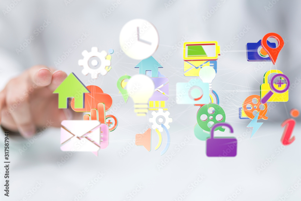 cloud connected to many objects on a virtual screen. cloud connected to many objects on a virtual screen.