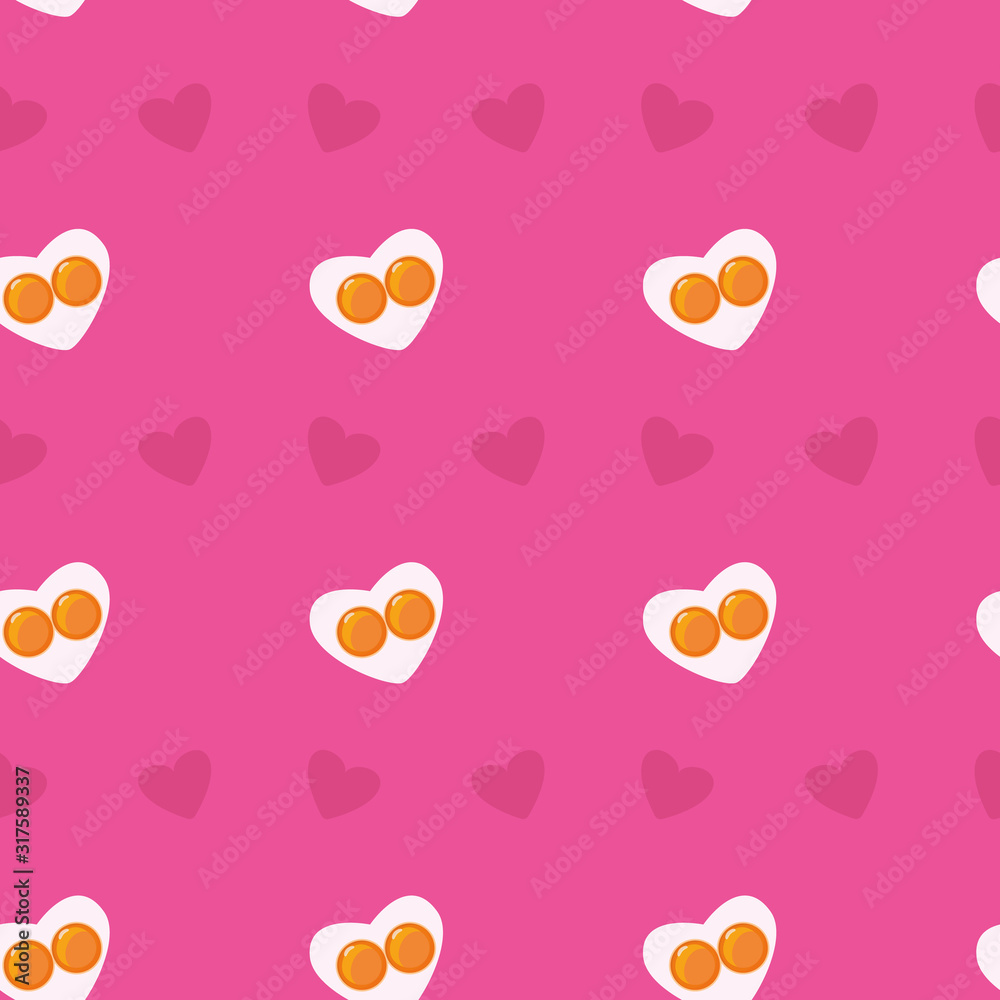 Cute flat seamless valemtine pink pattern. Heart-shape fried eggs and hearts. Valentines day holiday concept. Easter wallpaper or background. Stock vector illustration in cartoon style.