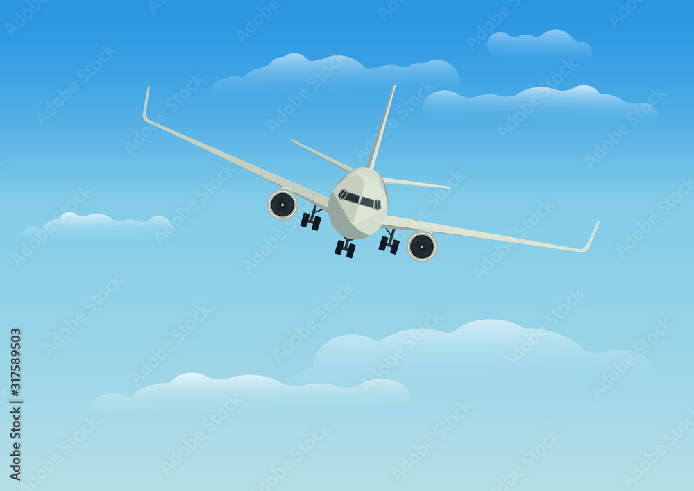 Flight of the plane in the cloudy sky. Passenger airplane travel. Vector illustration Flight of the plane in the cloudy sky. Passenger airplane travel. Vector illustration