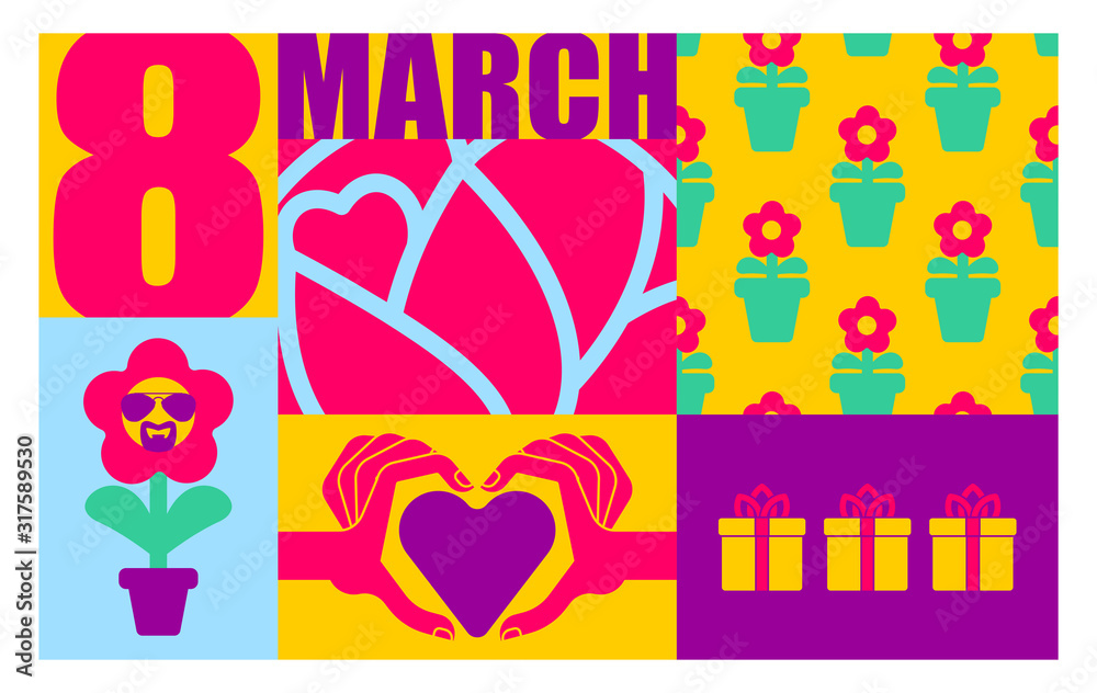 8 March. International womens day. Flower, heart and love. Template Greeting card, poster, flyer.