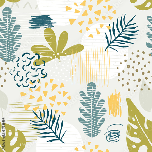 Seamless exotic pattern with tropical plant elements. Vector