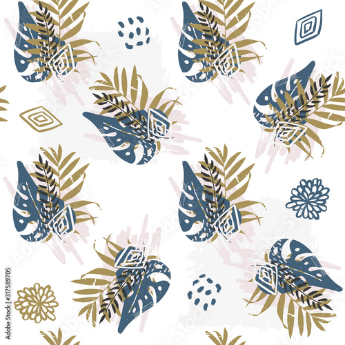 Seamless exotic pattern with tropical plants and gold glitter elements. Vector