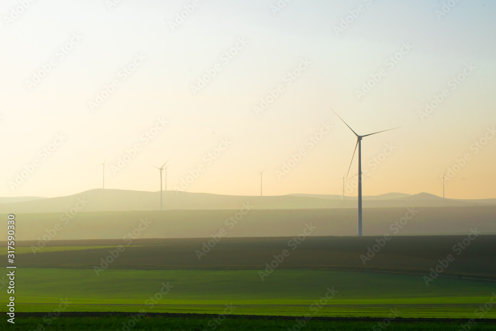 Green fields with eight wind turbines during the sunset. Background image of sustainabe energy in Ukraine countrysdie