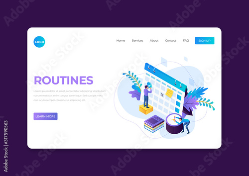 Routine landing page template. Morning routines for your success vector illustration website mock up. Responsive website design for corporate presentation. Creative marketing graphic add design.